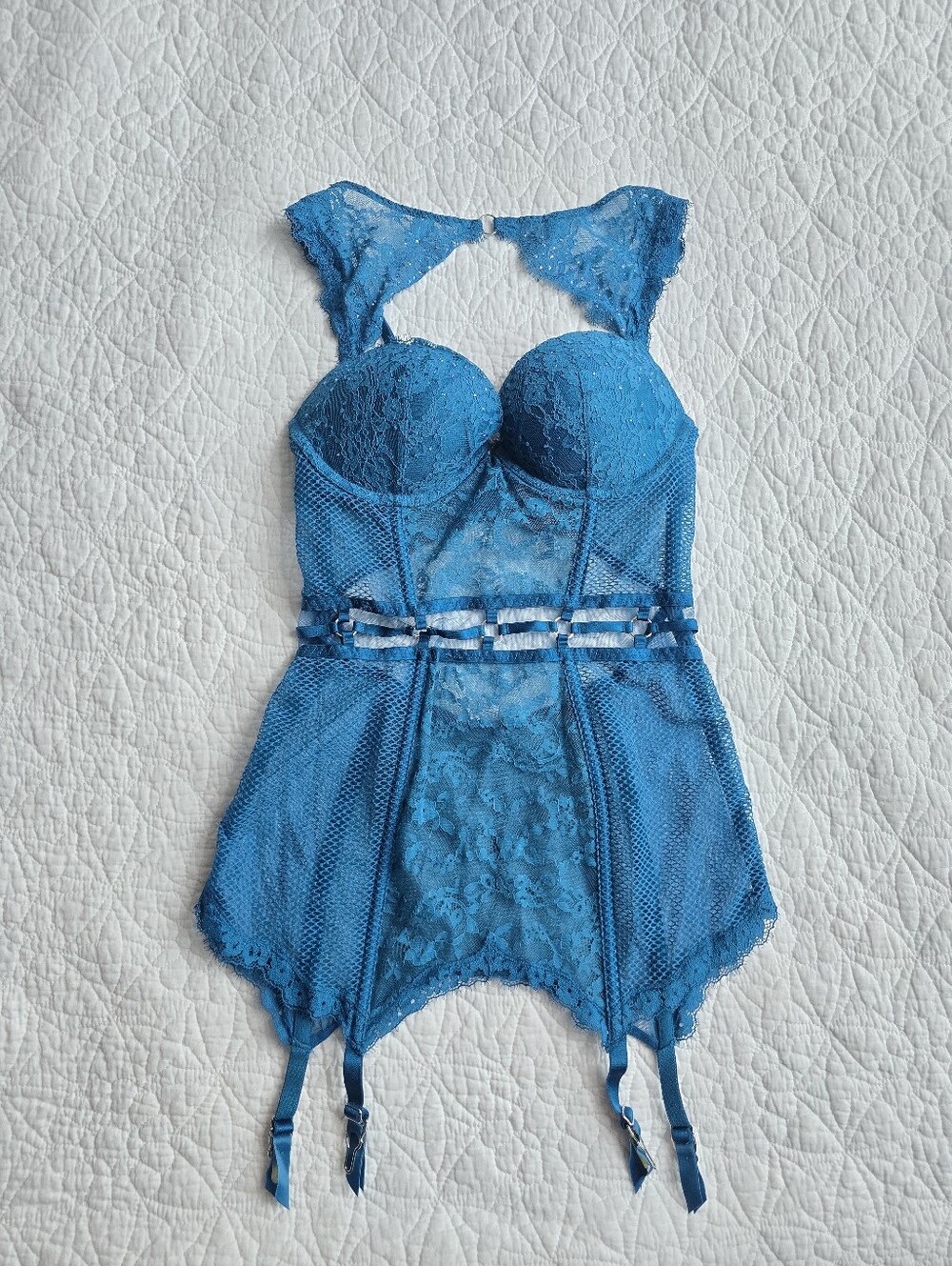 Victoria's Secret Very Sexy Lace Mesh Rhinestone Teal Basque 34C Pushup